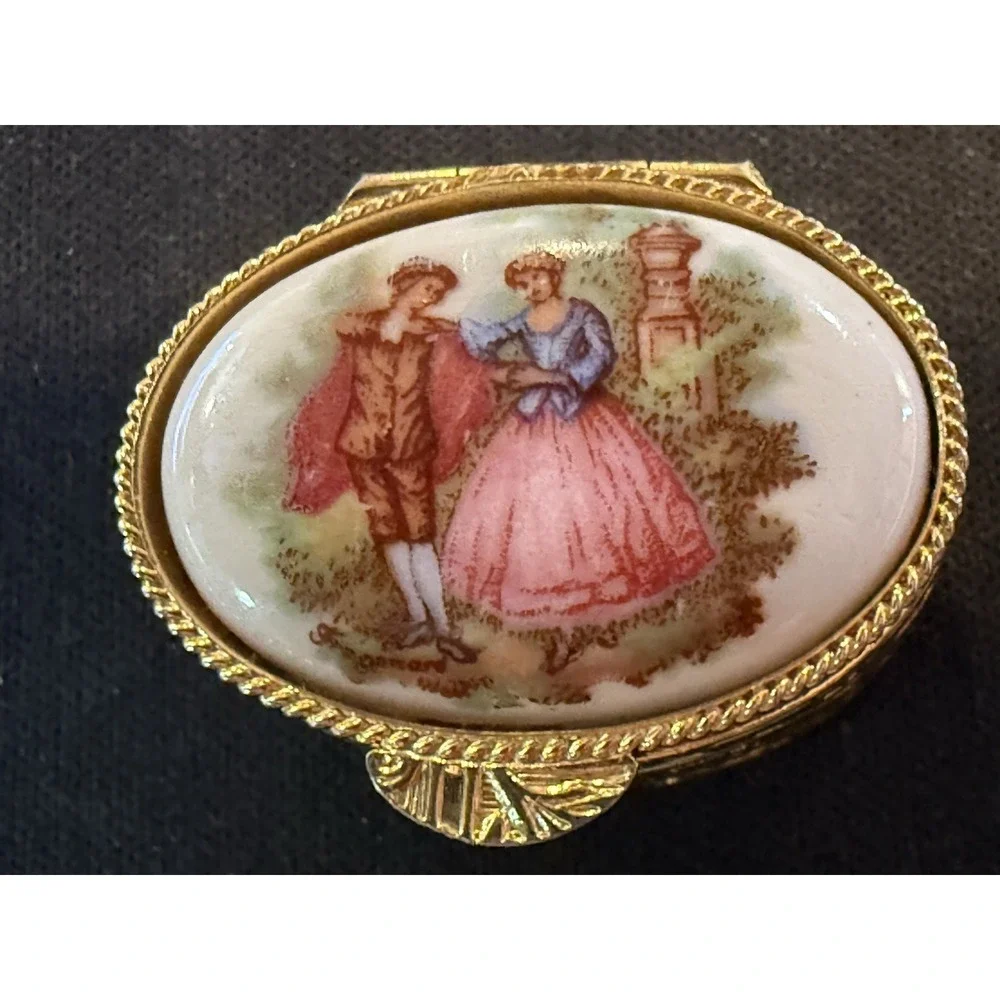 Vintage Fragonard Pill Box Etched Round Gold Tiny Trinket  Snuff Box Pink